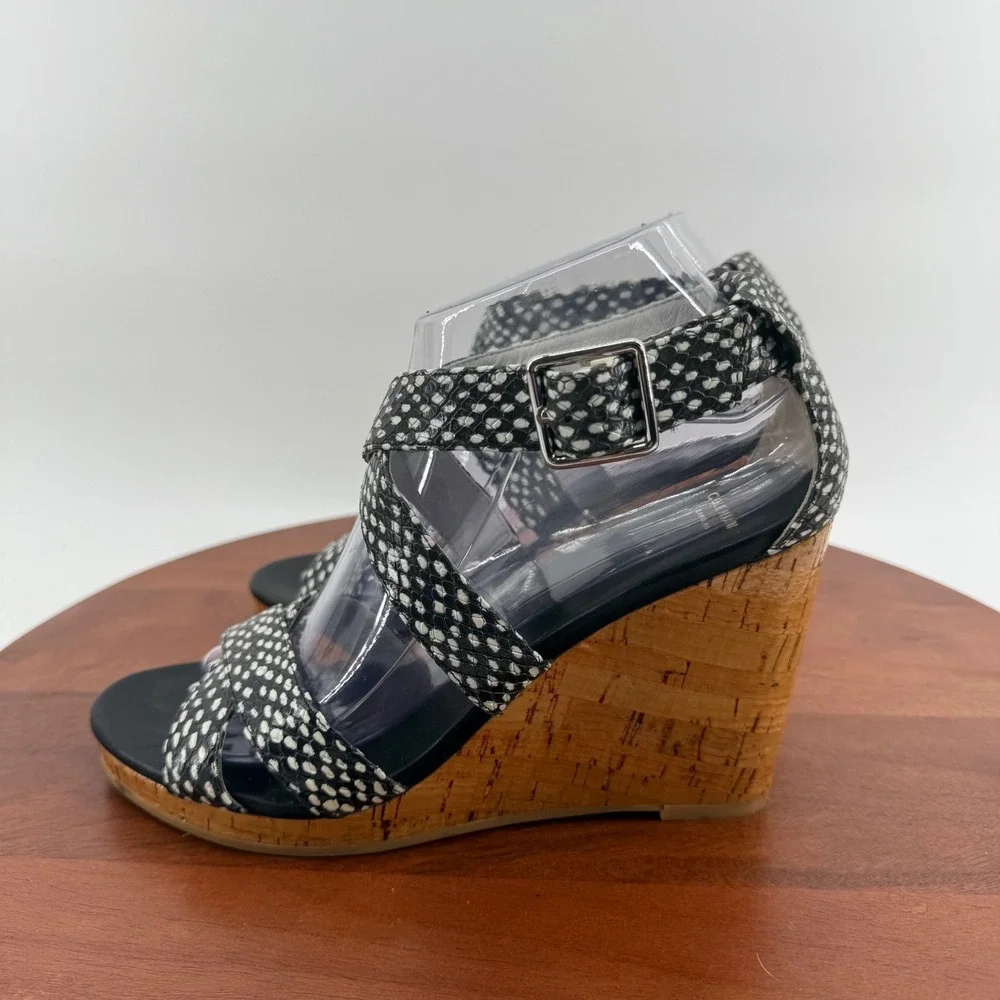 Cole Haan Wedge Sandals Black White‎ Snakeskin Print Cork Grand.OS Womens 8B